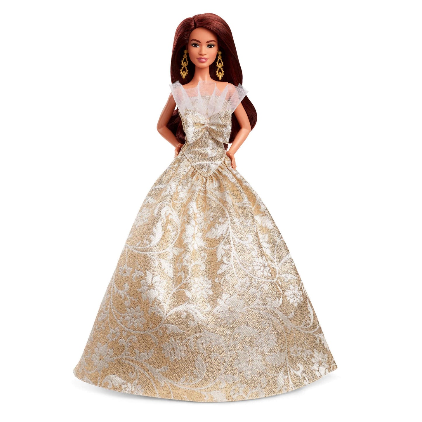 Barbie Signature 2025 Holiday fashion doll with dark brown hair in a silver and gold gown, displayed in collectible packaging.