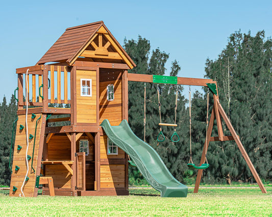 DOLPHIN PLAYGROUND T Swing Set for Backyard with Slide, 2 Swings, Trapeze Bar, Climbing Wall, Play house for Kids Outdoors with Kitchen Toys and Wooden Roof – Cedar Wood Outdoor Playset for Ages 3+