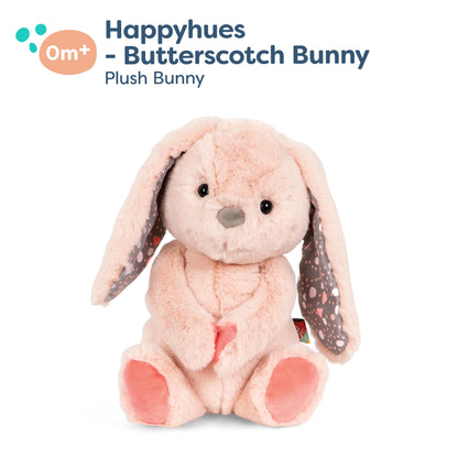 Pink plush bunny toy from B. toys, 12-inch huggable stuffed animal, soft, washable, suitable for newborns and toddlers.