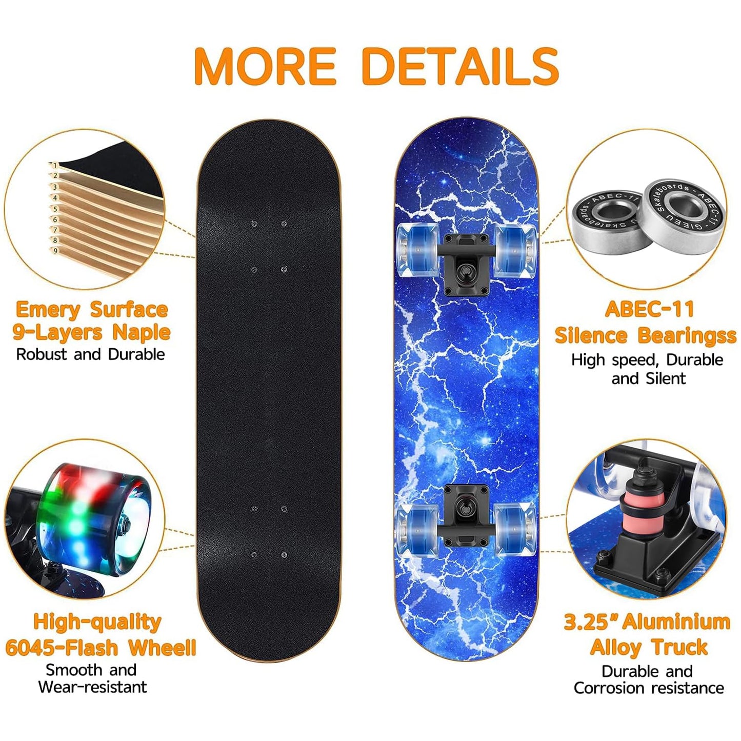 GIEEU Skateboards with Colorful Flashing Wheels for Beginners,Kids,Teens,Adults,31 x 8 Inch Complete Standard Skate Boards 9 Layer Canadian Maple Deck Concave Skateboard (Lightning Skateboard-UK)