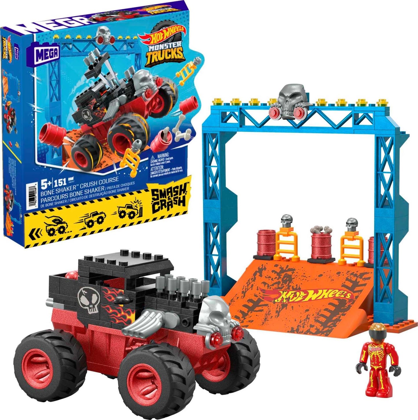 MEGA Hot Wheels Monster Trucks Building Toy, Smash & Crash Bone Shaker Crush Course with 151 Pieces, 1 Figure and 1 Ramp, Red, Kids Age 5+ Years, HKF87