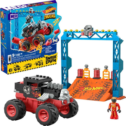 MEGA Hot Wheels Monster Trucks Building Toy, Smash & Crash Bone Shaker Crush Course with 151 Pieces, 1 Figure and 1 Ramp, Red, Kids Age 5+ Years, HKF87