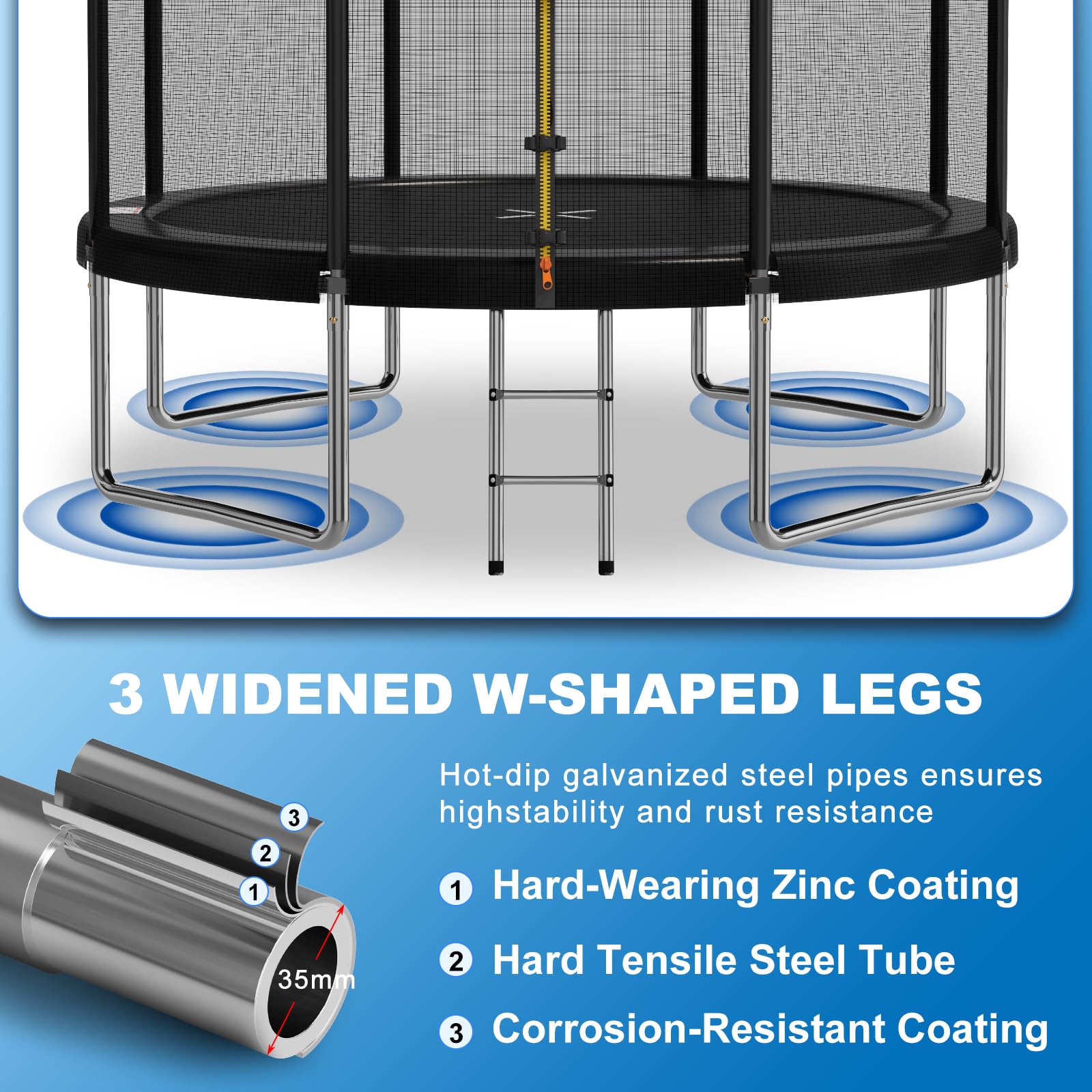 Devoko 10ft kids trampoline with safety net, reinforced steel frame, waterproof surface, suitable for children 6-12 years old.