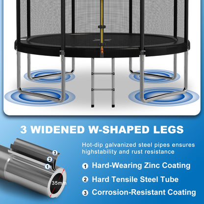 Devoko 10ft kids trampoline with safety net, reinforced steel frame, waterproof surface, suitable for children 6-12 years old.