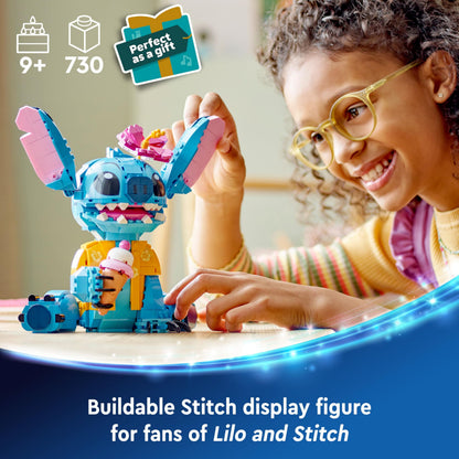 LEGO Disney Stitch toy figure holding an ice-cream cone and flower, perfect for Lilo & Stitch fans aged 9 and up.