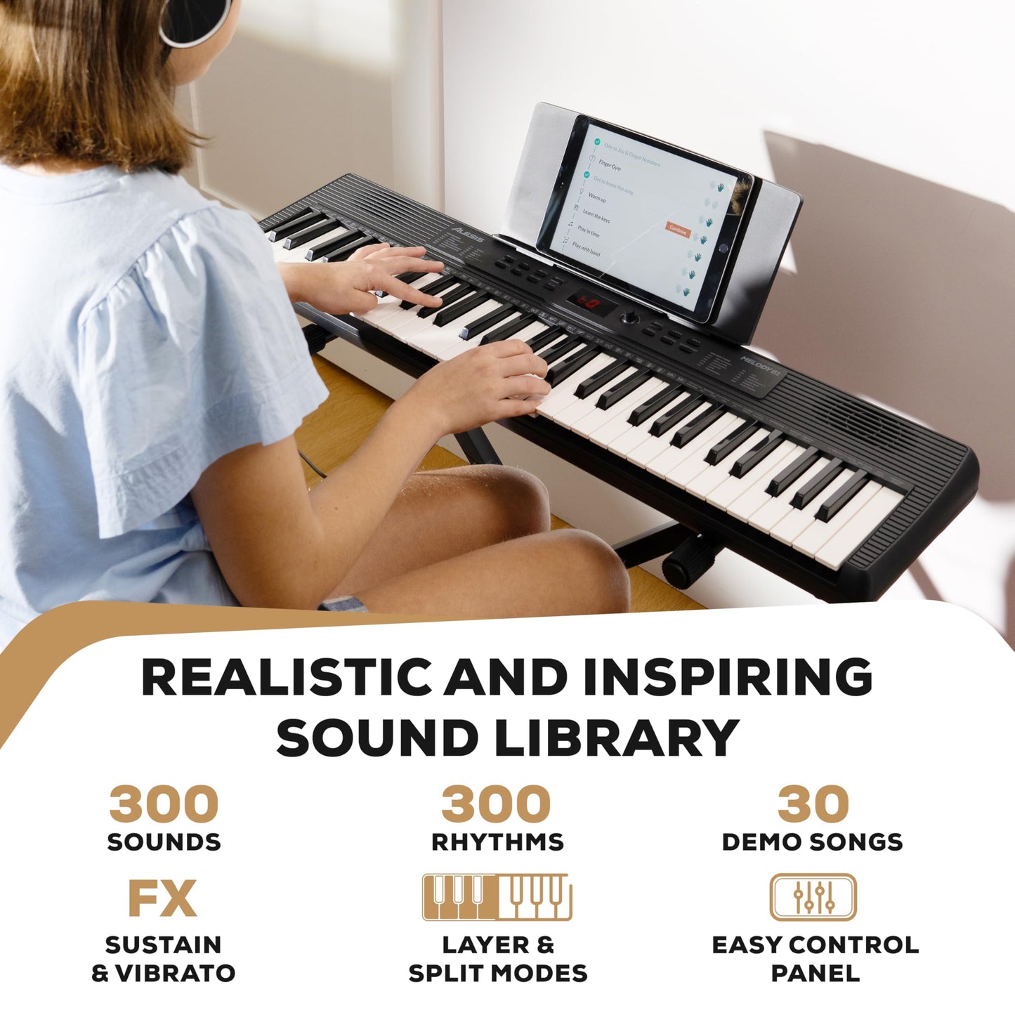 Alesis Melody 61 keyboard piano with 61 keys, built-in speakers, stand, bench, headphones, and tablet/music stand for beginners.