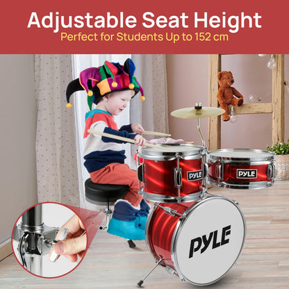 Pyle kids drum kit with wooden shells, bass pedal, snare, tom, cymbal, adjustable padded seat, lightweight drumsticks for ages 5-7.