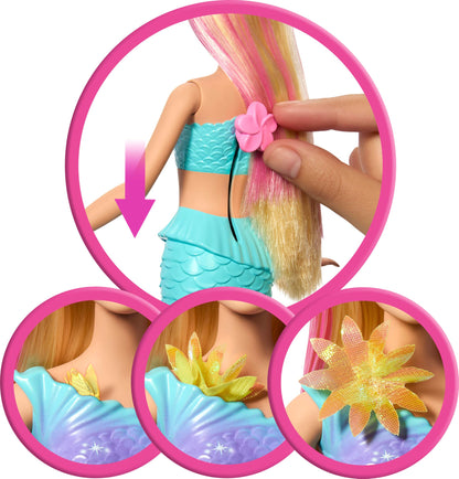 Barbie Mermaid doll with long blonde hair, pink highlights, pearl headband, ombre tail, and surprise blooming flowers accessory.