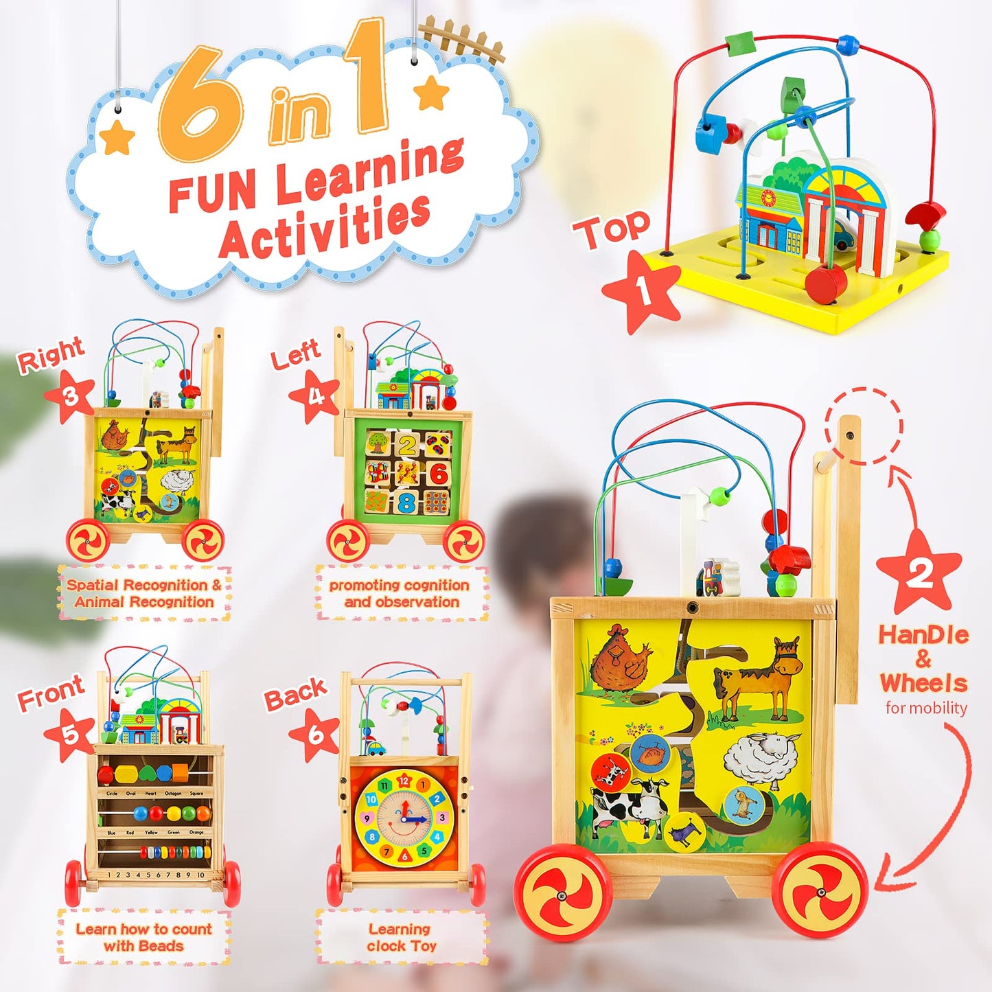 Wondertoys wooden activity cube center with colorful blocks, educational toys, and baby push walker for early learning and play.