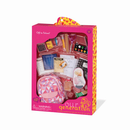 Our Generation Off To School doll accessories set with backpack, books, notebook, and educational toys for children aged 3+
