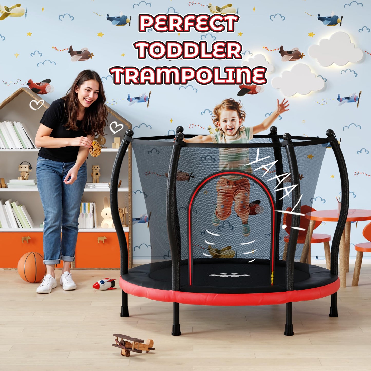 Happin 55” Toddler Trampoline, Indoor & Outdoor, Ages 1-6, 5FT Kids, Ultra Safe Rebounder Mini Trampoline for Kids with Safety Enclosure Net, for Toddler Boys & Girls