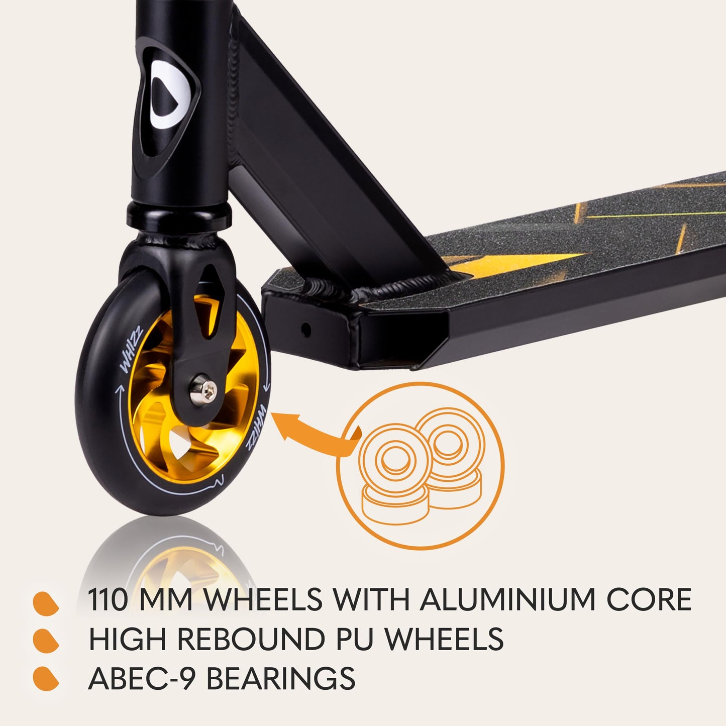LIONELO WHIZZ Freestyle Stunt Scooter with aluminium deck, Y-bar handlebar, and high-rebound wheels in action.