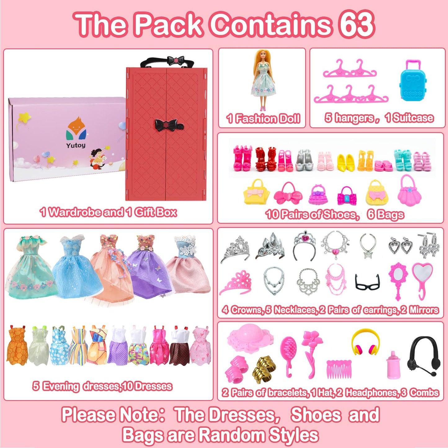 Yutoy dolls wardrobe set with red doll closet, dresses, shoes, accessories for 11.5-inch fashionistas girl dolls.