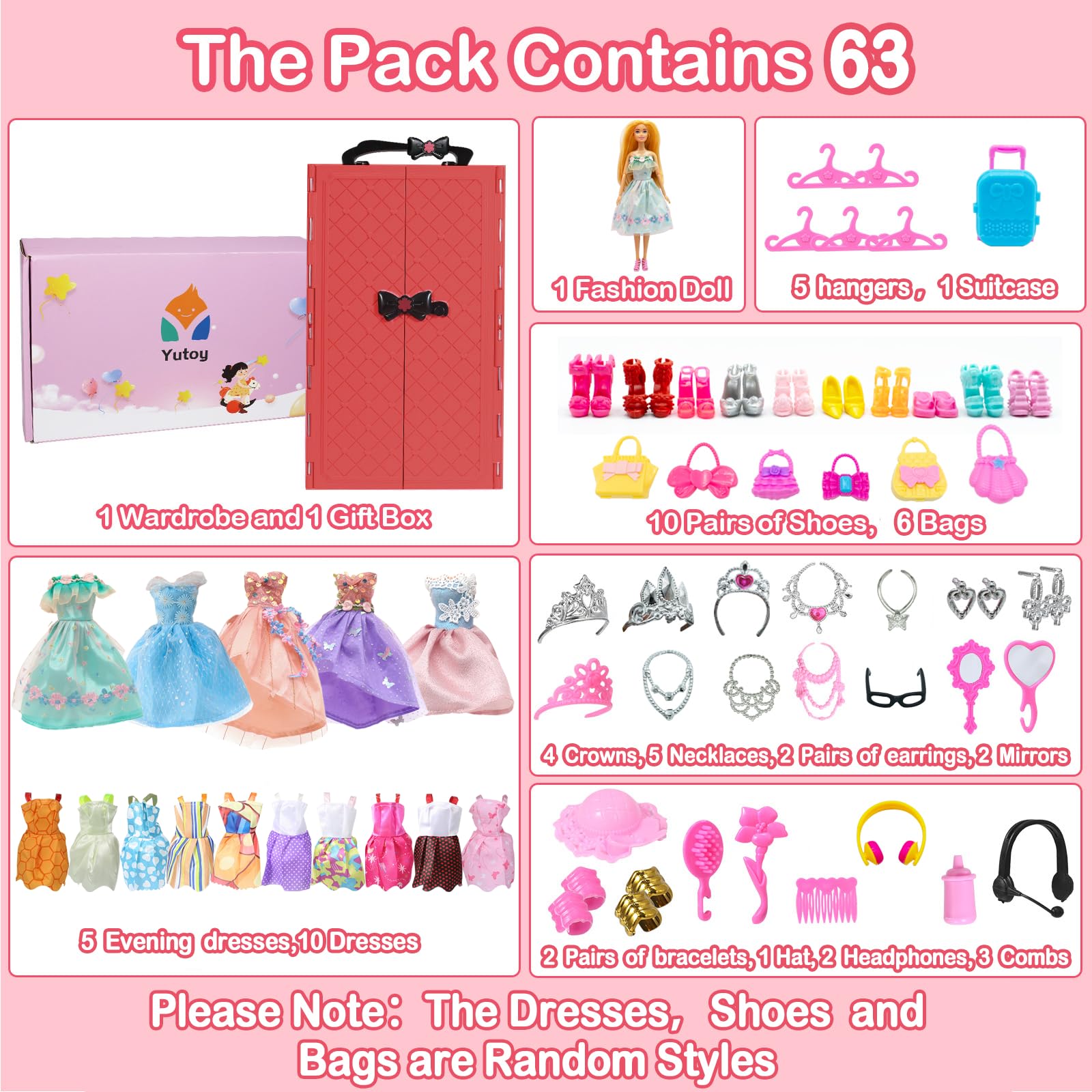 Yutoy dolls wardrobe set with red doll closet, dresses, shoes, accessories for 11.5-inch fashionistas girl dolls.