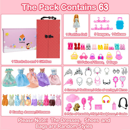 Yutoy dolls wardrobe set with red doll closet, dresses, shoes, accessories for 11.5-inch fashionistas girl dolls.