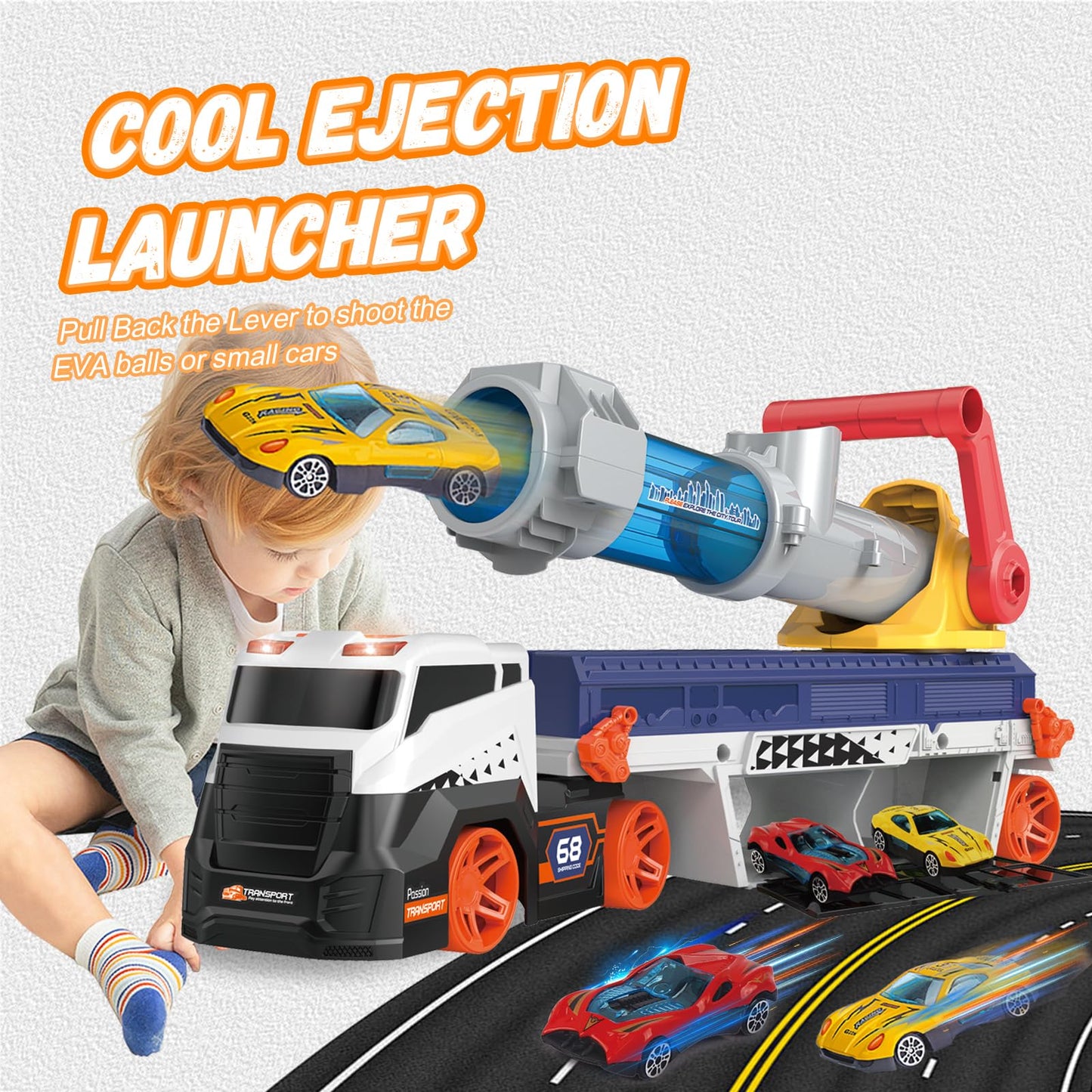 lerrbo Transport Truck Toys for Kid Boys 3-5, EVA Ball Launcher Car and Garage Car Toys with Light & Sound, Shooting Toy Sets, Birthday Gifts for Kid Boys Age 4-6