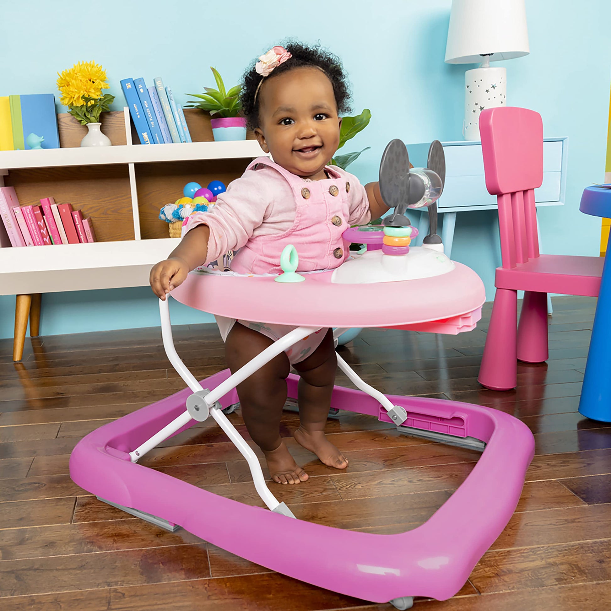 Bright Starts Disney Baby Minnie Mouse 2-in-1 activity walker with removable toy station, lights, songs, sounds, pink color, adjustable height