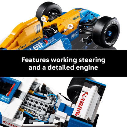 LEGO Icons Williams Racing FW14B F1 car model set with Nigel Mansell minifigure, trophy, and display stand.