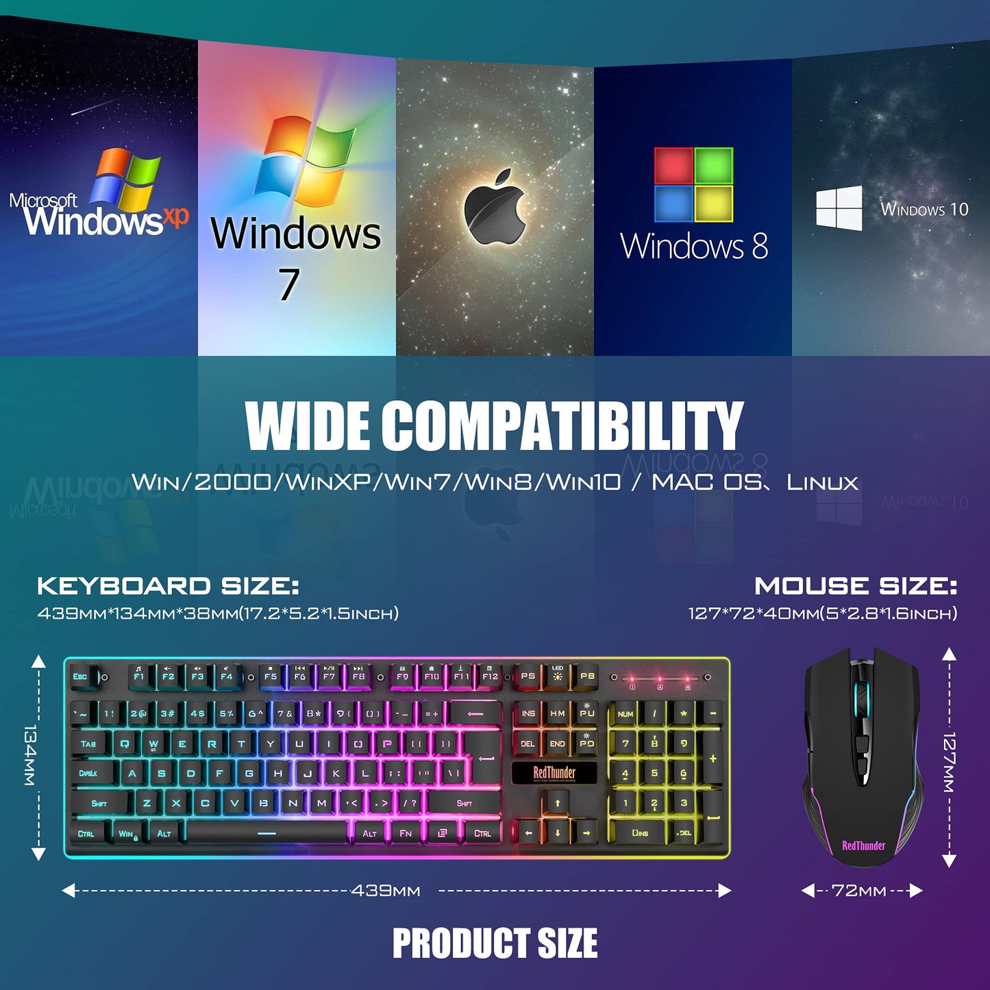 RedThunder K10 Wireless Gaming Keyboard and Mouse Combo, LED Backlit Rechargeable 3800mAh Battery, UK Layout Mechanical Feel Keyboard + 7D 3200DPI Mice for PC Gamer (Black)