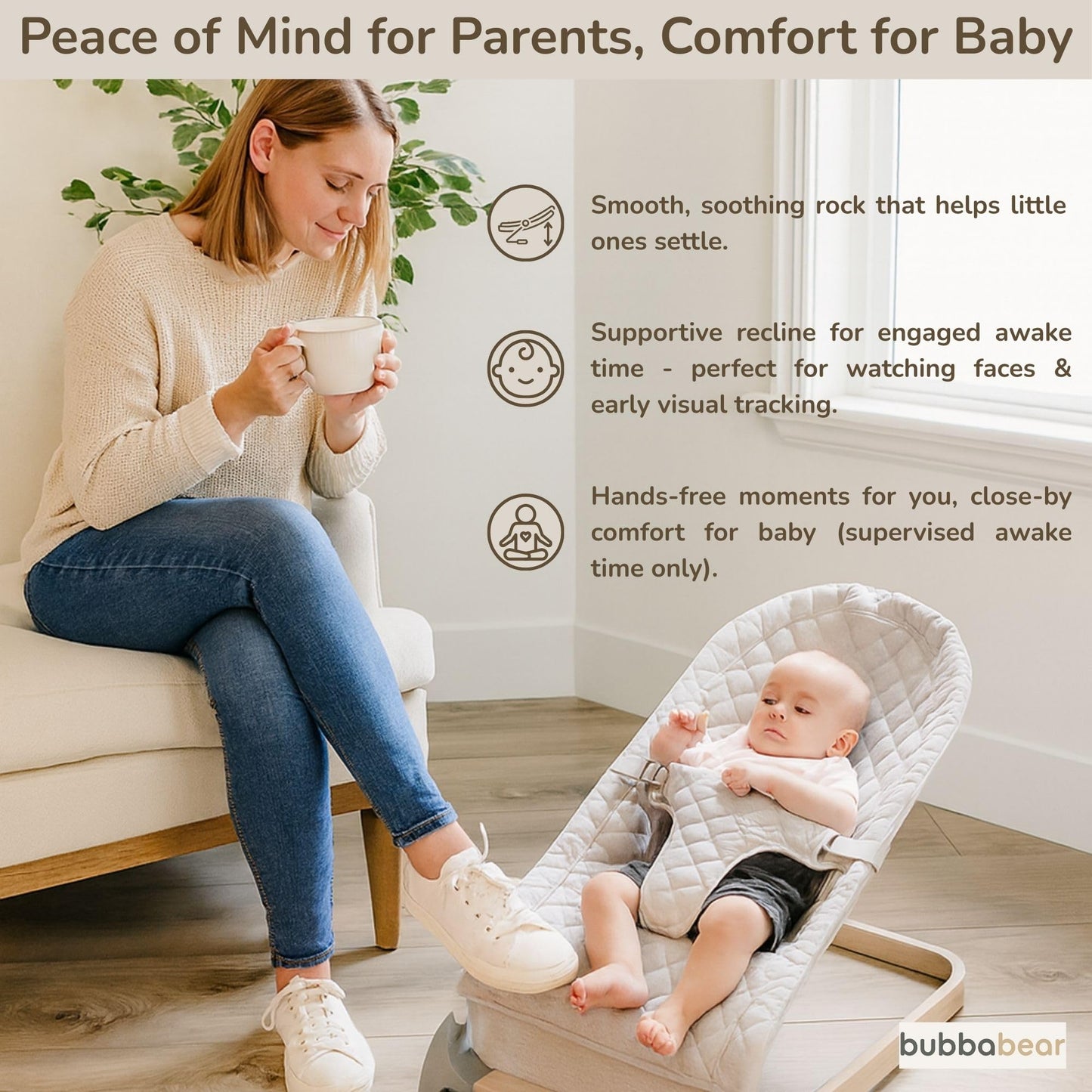 Bubba Bear Baby Bouncer, Foldable Rocking Chair with Seat, Newborn to Toddler, 0+ Months (Beige)