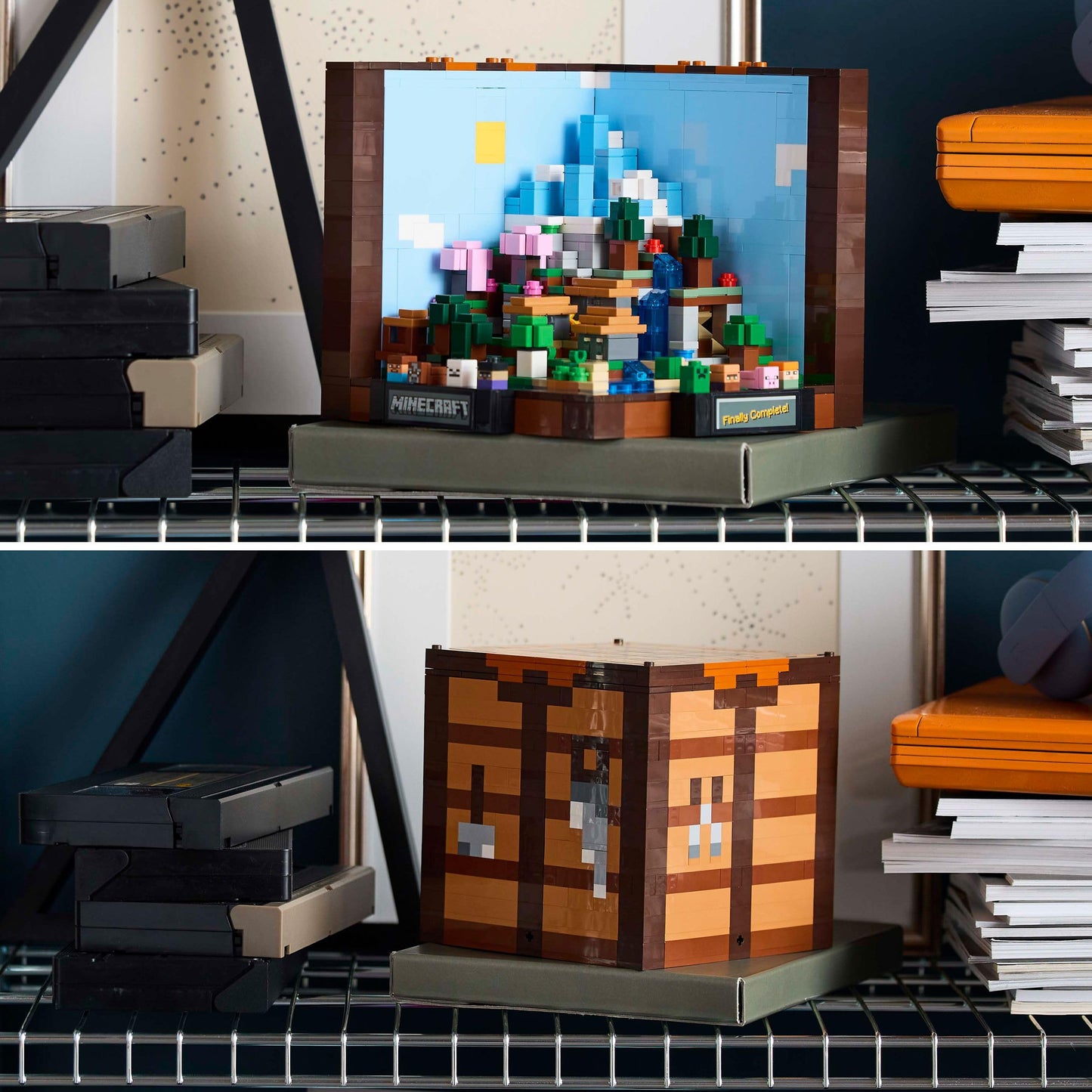 LEGO Minecraft Crafting Table set showing characters Steve, Alex, and mobs in a detailed building model for display.