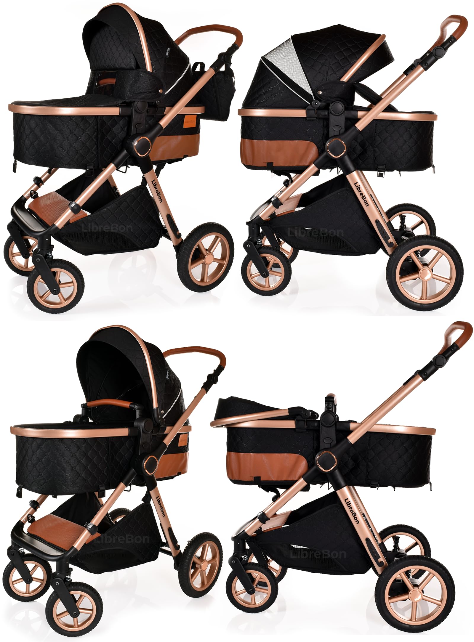 Boneelook 3-in-1 baby buggy pram stroller with black and rose gold aluminum frame, lightweight, foldable design for newborns and toddlers