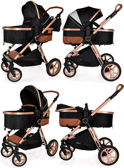 Boneelook 3-in-1 baby buggy pram stroller with black and rose gold aluminum frame, lightweight, foldable design for newborns and toddlers