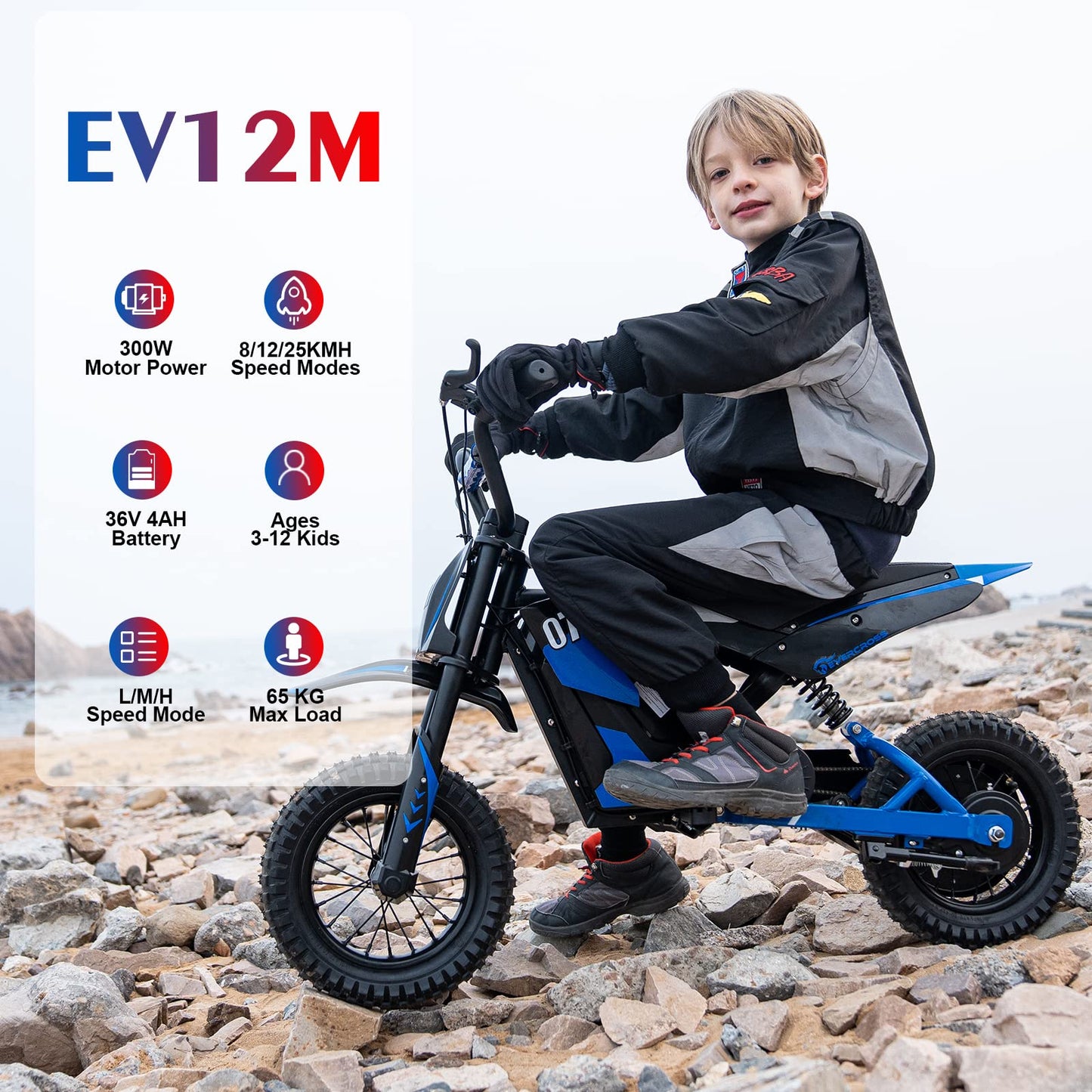 EVERCROSS EV12M Kids Ride On Motorcycle, Electric Motorcycle with 300W Motor, 5/7.5/15.5 MPH Speed Modos, 9.3Miles Long-Range, 12'' Pneumatic Tire, Motor Cross for Ages 3-12 Children