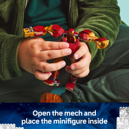 LEGO Marvel Iron Man Mech and Ultron figures, featuring two minifigures in a colorful buildable superhero set.