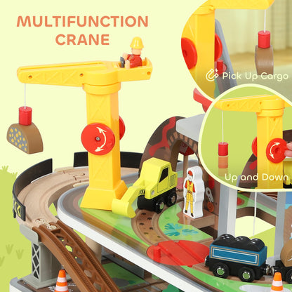 AIYAPLAY wooden train set with 79 pieces including track, crane, helicopter, and mine theme for kids ages 3+.