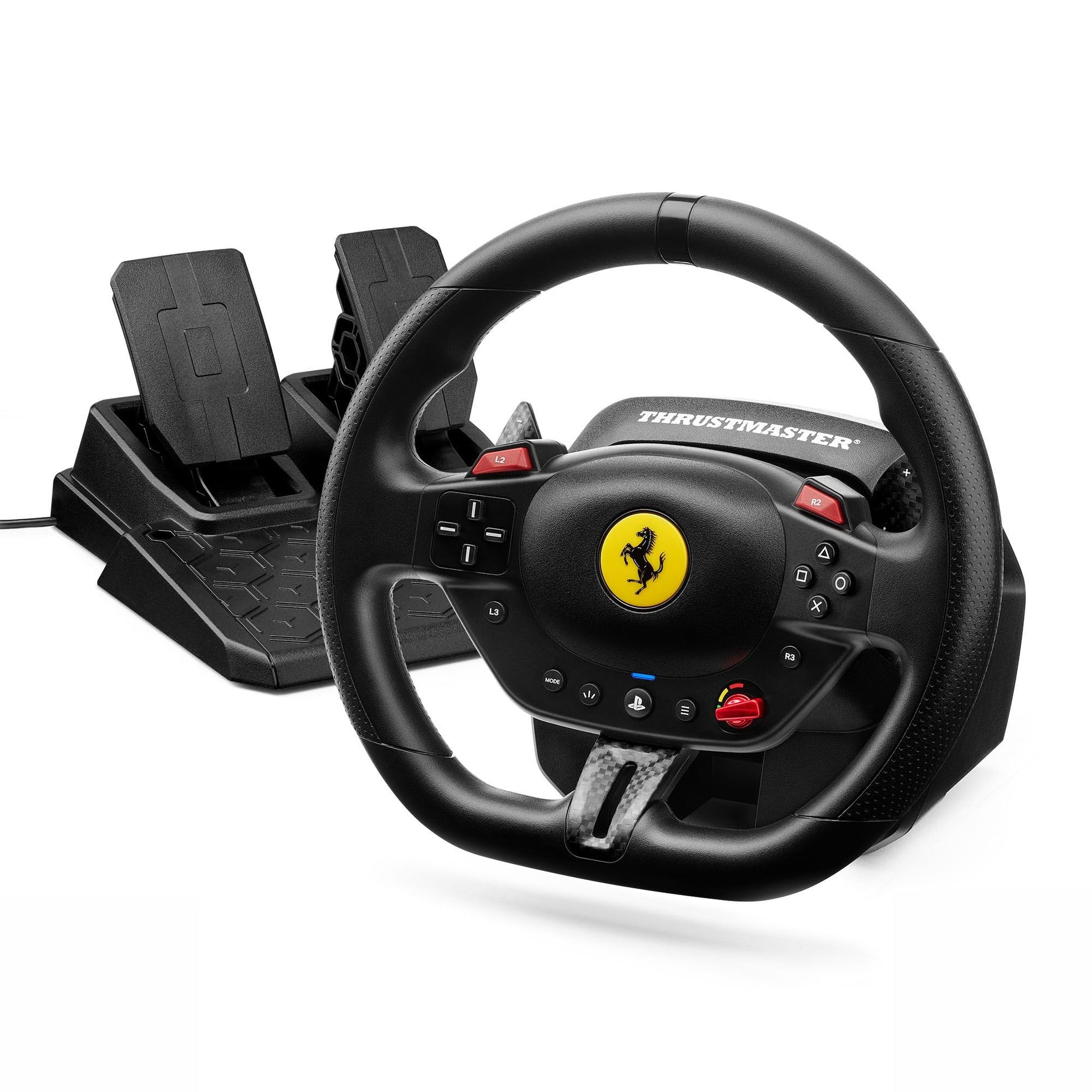 Thrustmaster T98 Ferrari 296 GTB racing wheel and pedals for PS5, PS4, and PC, featuring Ferrari logo, bungee cord tech, and driving profiles
