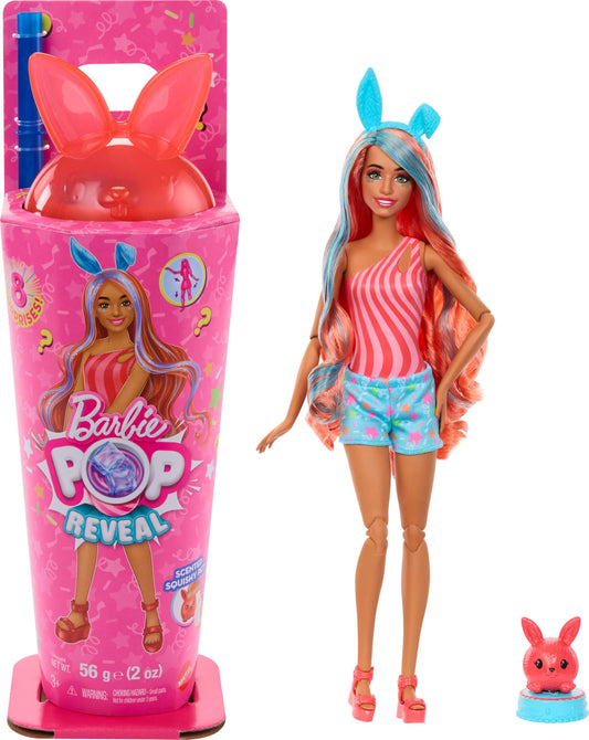 Barbie Pop Reveal Shakes Series doll with bright bunny accessories and 8 surprises, including color change features.