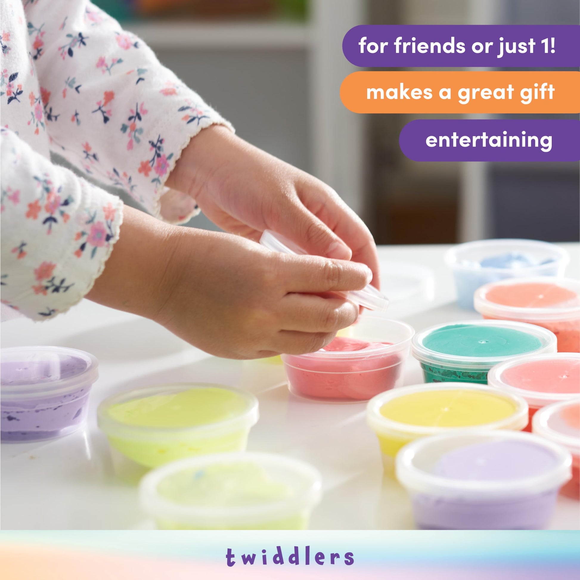 Colorful bouncing slime putty tubs by THE TWIDDLERS, kids' fidget toys perfect for slime parties and party bag fillers.