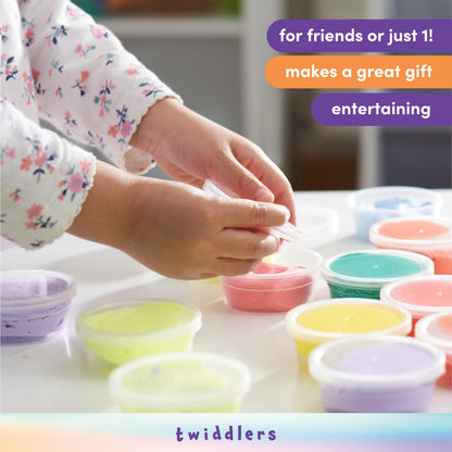 Colorful bouncing slime putty tubs by THE TWIDDLERS, kids' fidget toys perfect for slime parties and party bag fillers.