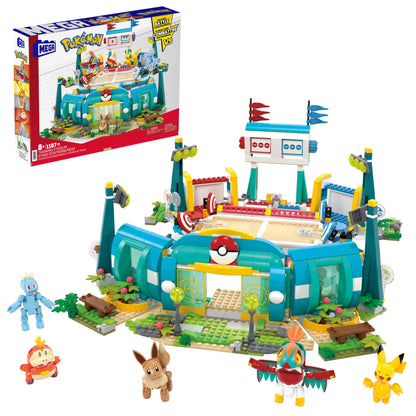 MEGA Pokémon Building Toys Set with 1101 pieces, 5 poseable characters, and a detailed training stadium scene.