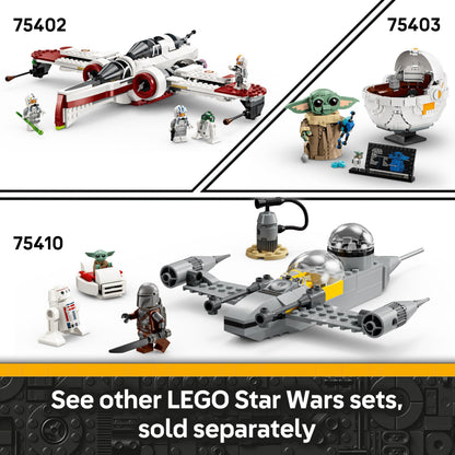 LEGO Star Wars Ahsoka's Jedi Interceptor with Anakin Skywalker and R7-A7 droid minifigures, ideal for young builders.