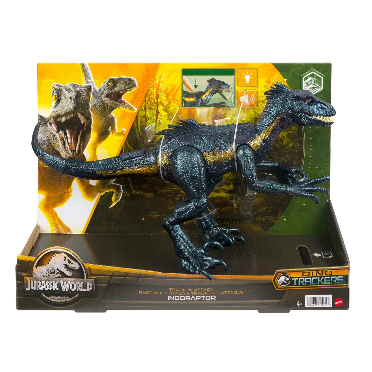 Mattel Jurassic World Dino Trackers Track 'n Attack Indoraptor, Dinosaur Toy with Sound, Lights, Motion and 3 Attack Features, Tracking Gear, Digital Play Options, Toys for Ages 4 and Up, HKY12