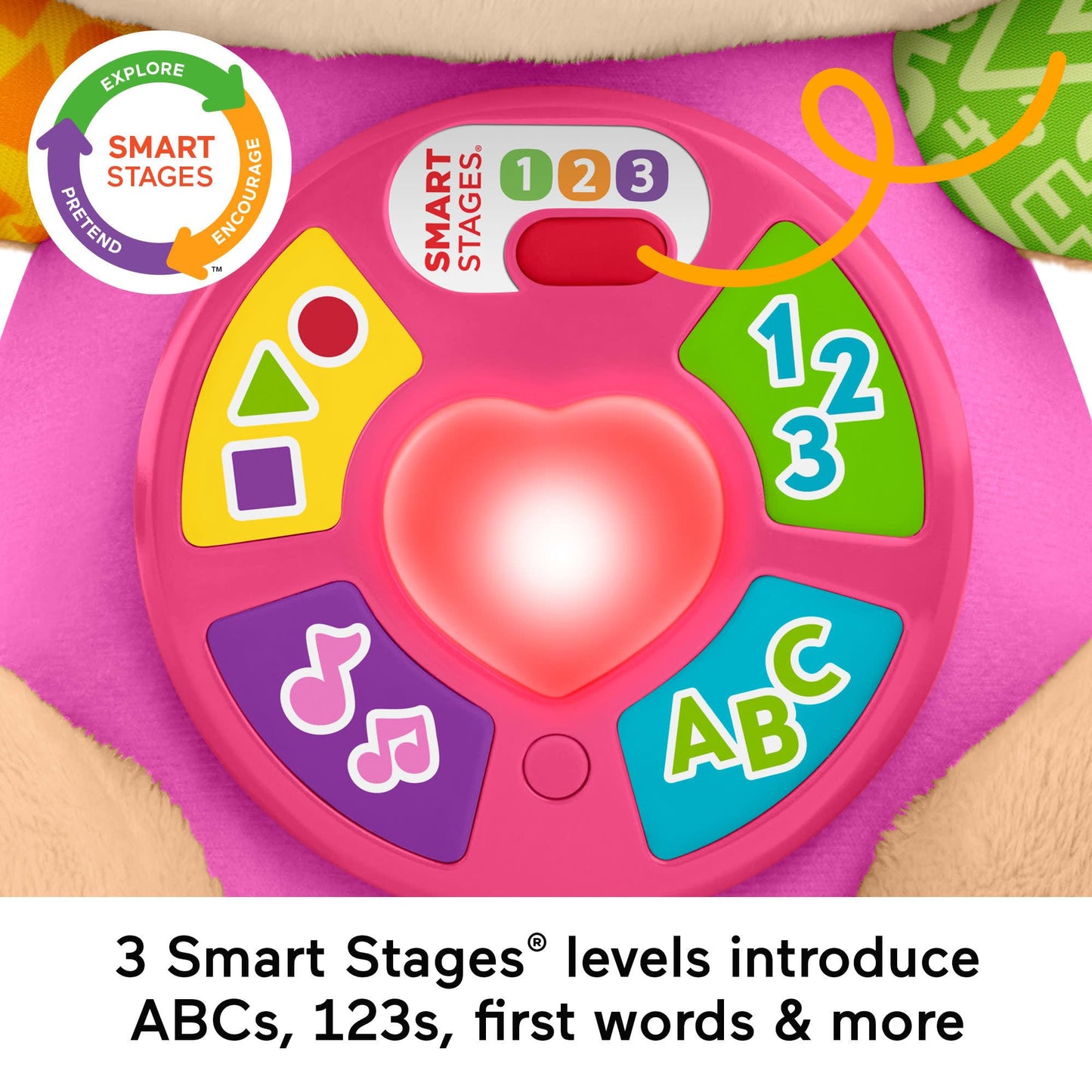 Fisher-Price Laugh & Learn Smart Stages pink musical plush toy for infants, featuring multilingual buttons and soft plush design.