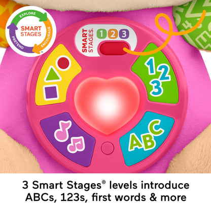 Fisher-Price Laugh & Learn Smart Stages pink musical plush toy for infants, featuring multilingual buttons and soft plush design.