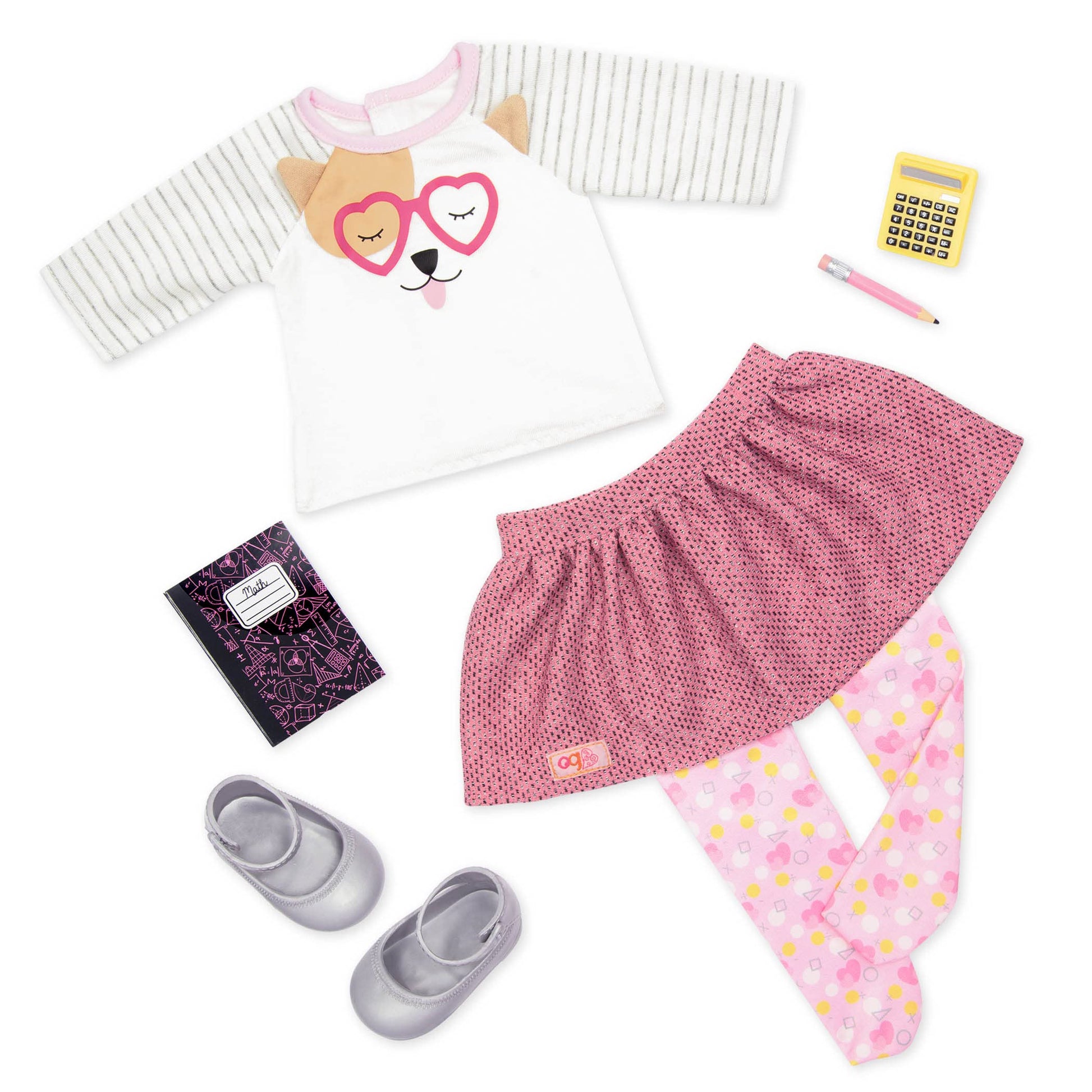 Our Generation doll outfit with puppy graphic, shoes, and accessories for 21.5 cm dolls, perfect for imaginative play and stylish fun.