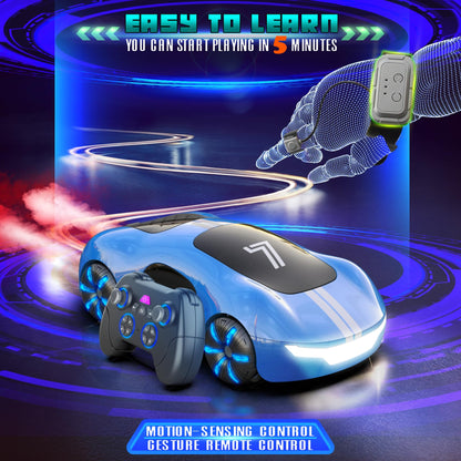 AEROQUEST remote control stunt car for kids, rechargeable with lights, spray, sound, gesture sensing, ideal for ages 5-8.