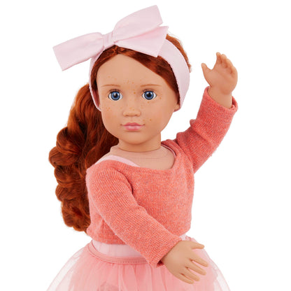 18-inch Our Generation ballerina doll Aubrie with blue eyes, red hair, ballet outfit, and hair bow for pretend play.