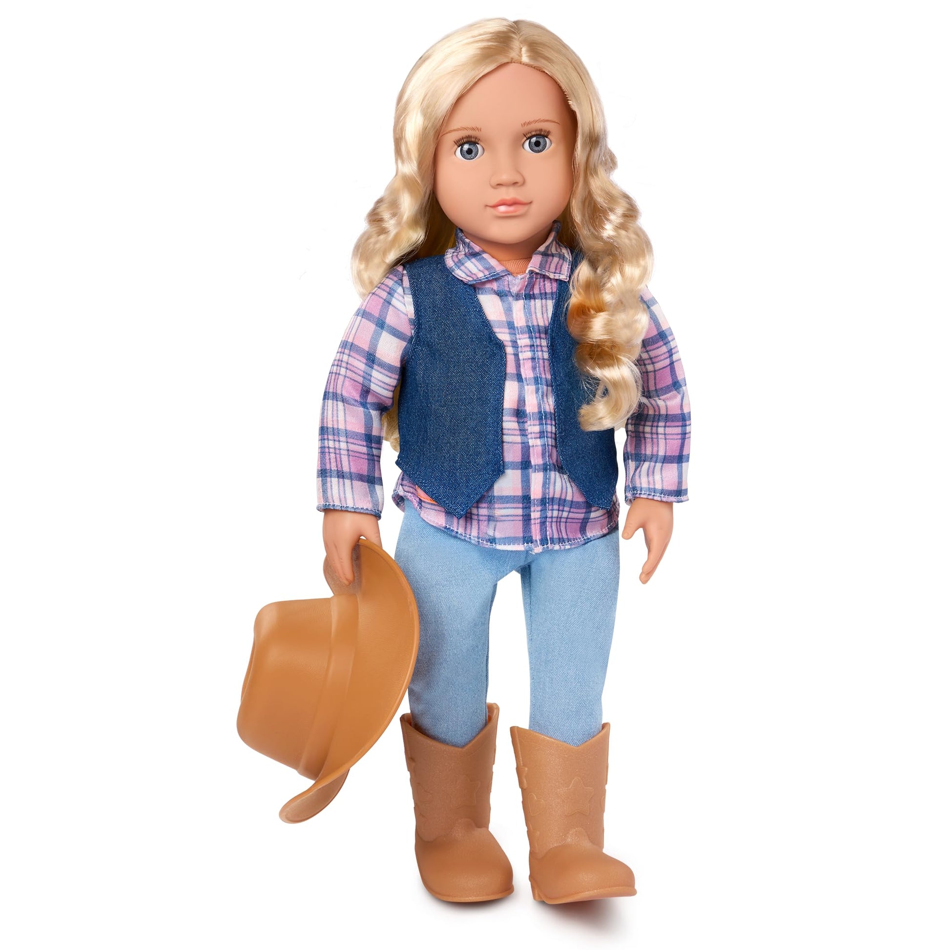 Our Generation Ashleigh cowgirl doll with gray eyes, cowboy hat, tall riding boots, and western-themed outfit.