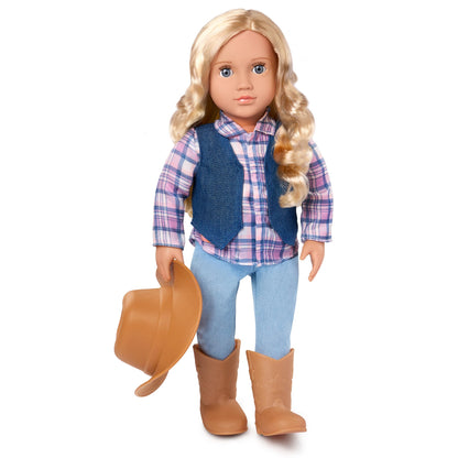 Our Generation Ashleigh cowgirl doll with gray eyes, cowboy hat, tall riding boots, and western-themed outfit.
