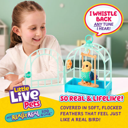 Little Live Pets My Really Real Bird & Cage - Indie, Interactive, Realistic Pet Bird, 20+ Sounds & Reactions (25cm/9,8in Cage, 10,9cm/4,3in Bird), Records & Repeats or Whistles Back, Carry & Display