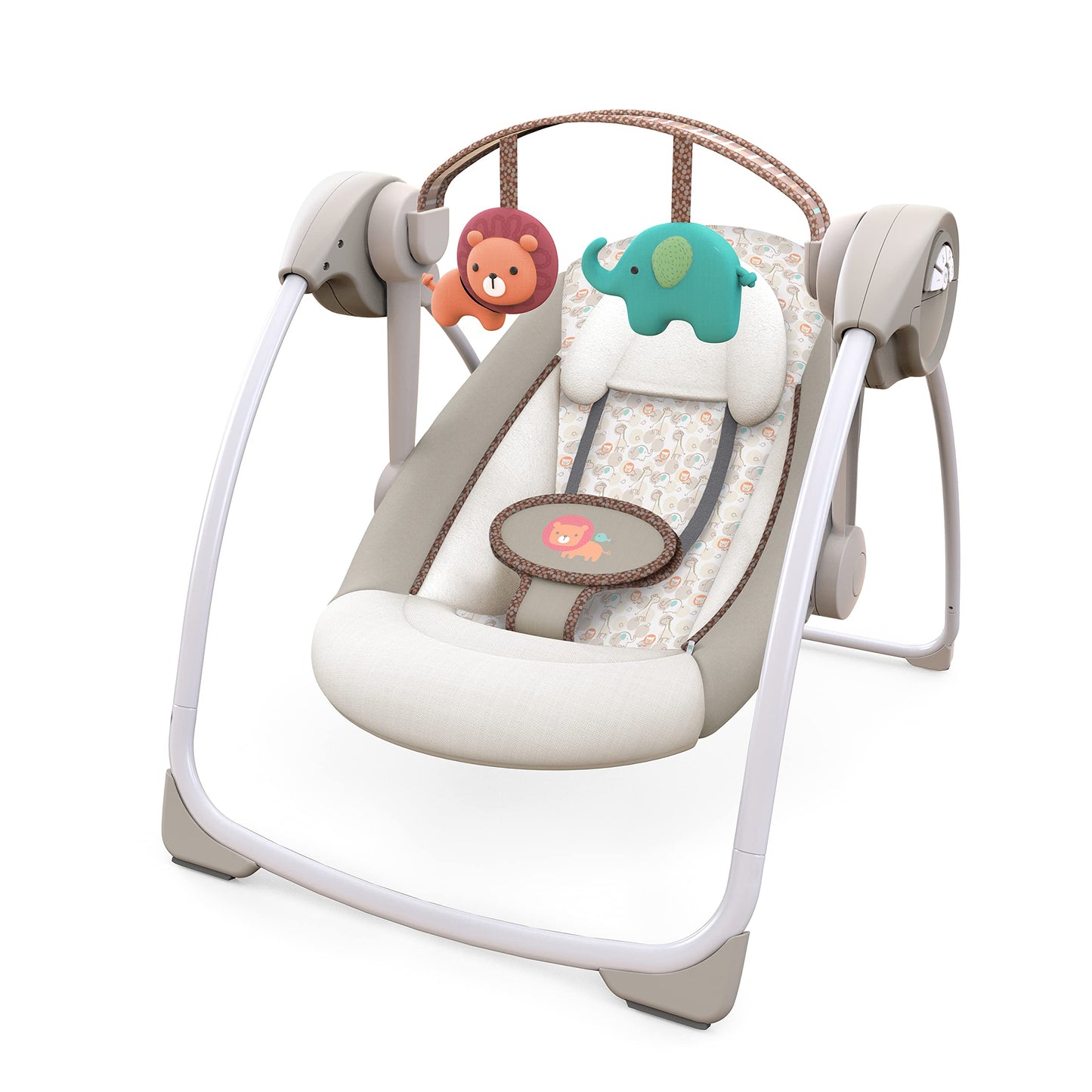 Ingenuity Soothe 'n Delight portable baby swing with music and toy bar, compact design, for easy travel and soothing comfort