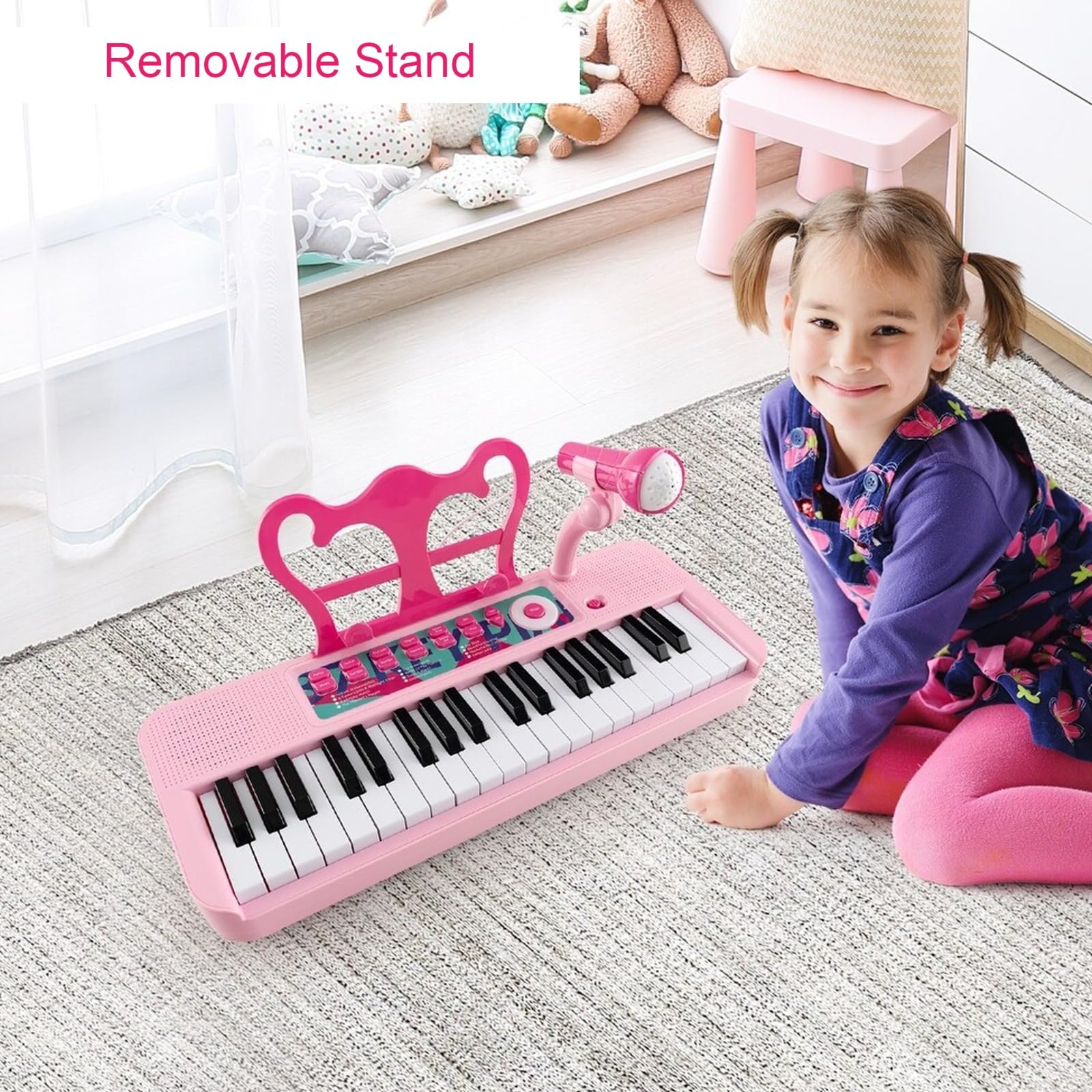 DIOXSTAR kids pink piano with 37 keys, adjustable microphone, music and sound features, compact portable design, and matching stool.