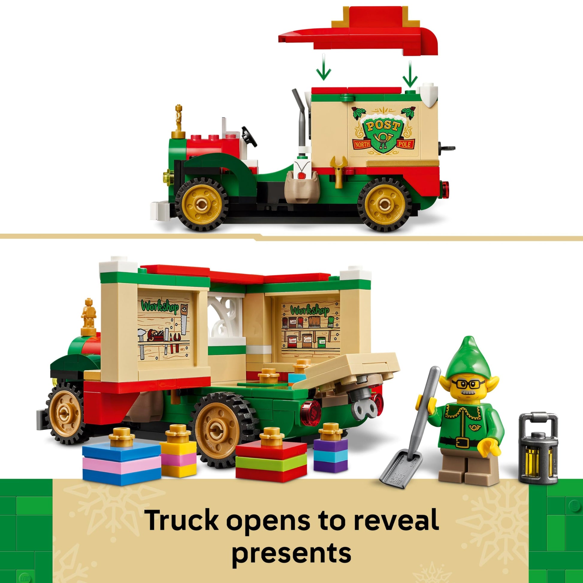 LEGO Santa's Delivery Truck toy with colorful decorations, Christmas tree, and presents for imaginative play.
