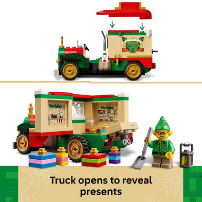 LEGO Santa's Delivery Truck toy with colorful decorations, Christmas tree, and presents for imaginative play.