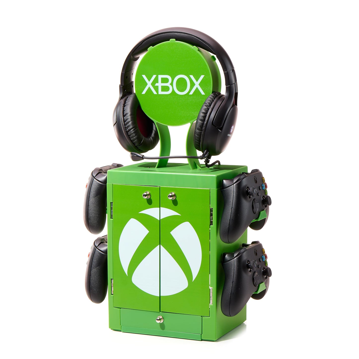 Numskull Xbox Series X gaming accessory locker with storage stand holding 10 games, 4 controllers, headset, and accessories.